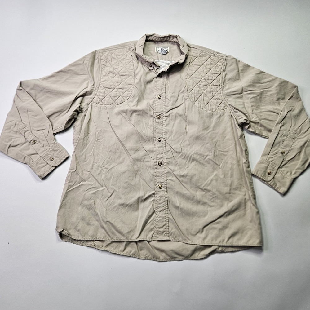 L.L.Bean Men's L Long Sleeve Button-Down Shirt Quilted Shoulder Vented Khaki Tan